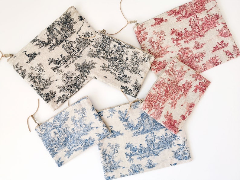 Toile De Jouy Pouch, Cotton Zipper Bag, available in three colors and two sizes image 3