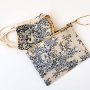 Toile De Jouy Pouch, Cotton Zipper Bag, available in three colors and two sizes image 2