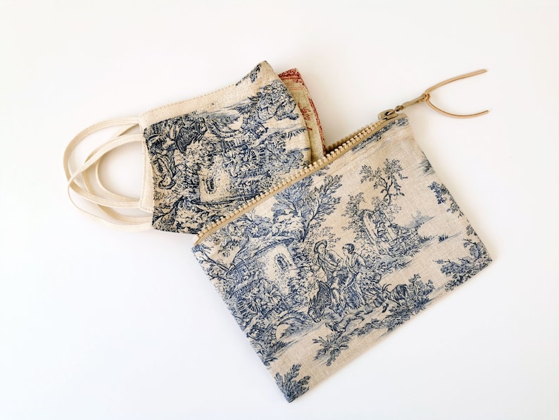 Toile De Jouy Pouch, Cotton Zipper Bag, available in three colors and two sizes image 2