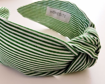 Green Striped Knotted Headband for Women, Nautical Top Knot Cotton Aliceband, Matching Facemask and Scrunchie