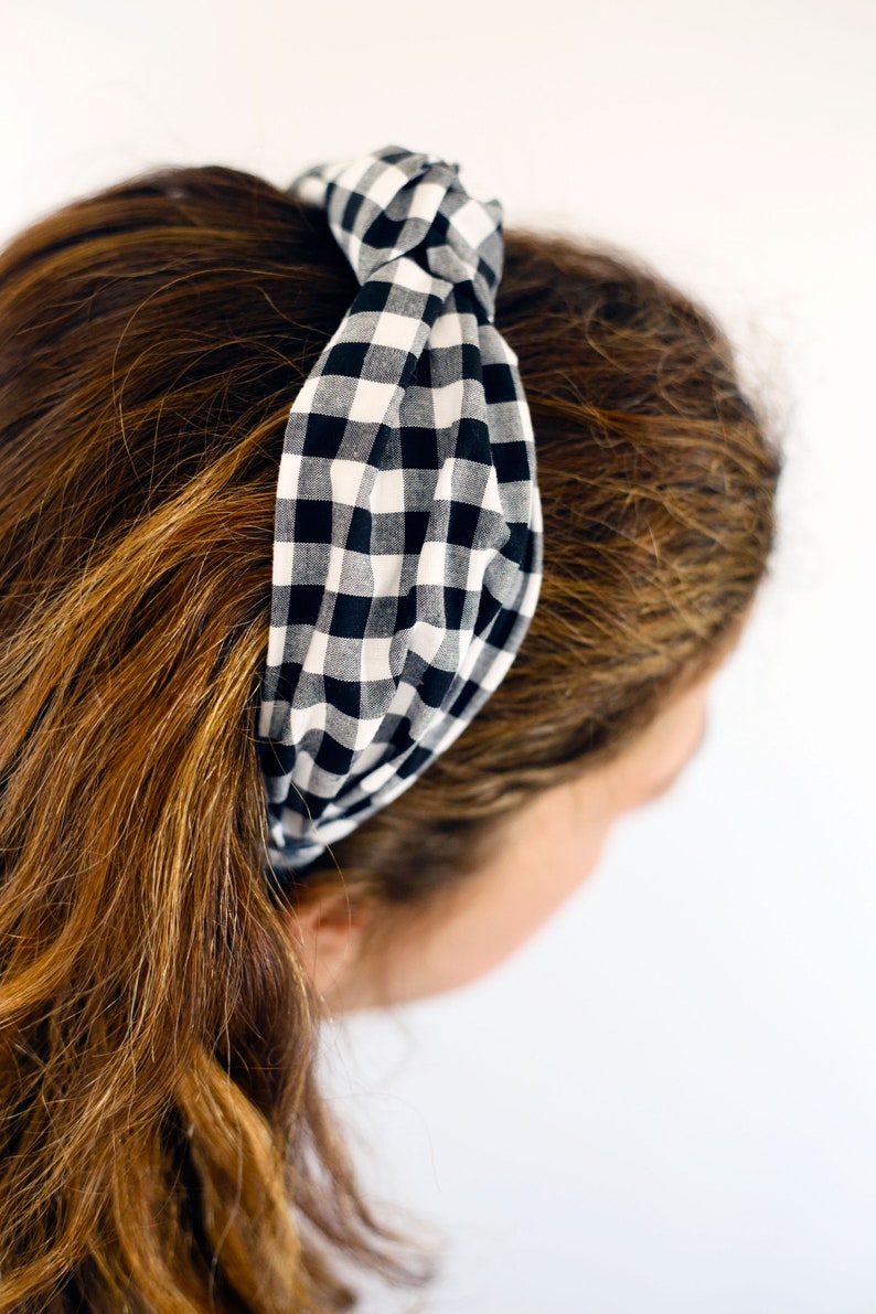 Black and White Check Headband, Gingham Checkered Cotton Top Knot Headband for Women, Matching Facemask and Scrunchie image 4