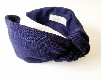 Navy Blue Top Knotted Linen Headband, Wide Knotted Headband for Women, Monochrome Hairband with Top Knot, Turban Knot Headband