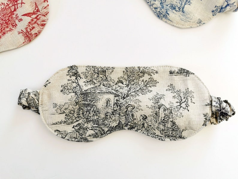 Black Toile De Jouy Sleeping Mask For Women, Sleep Mask, Toile Cotton Fabric, Travel Accessory, Gift For Her, One Size image 1