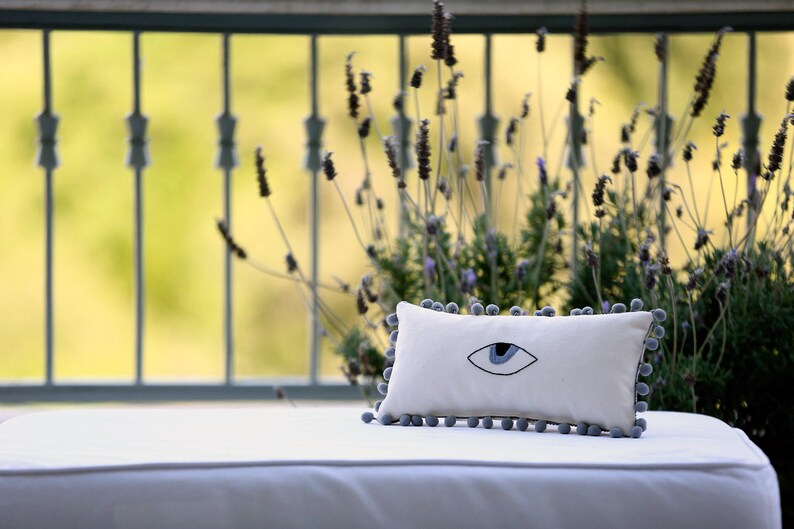 Evil Eye Home Decor Hand Embroidered Mini Lumbar Pom Pom Pillow Good Luck Pillow