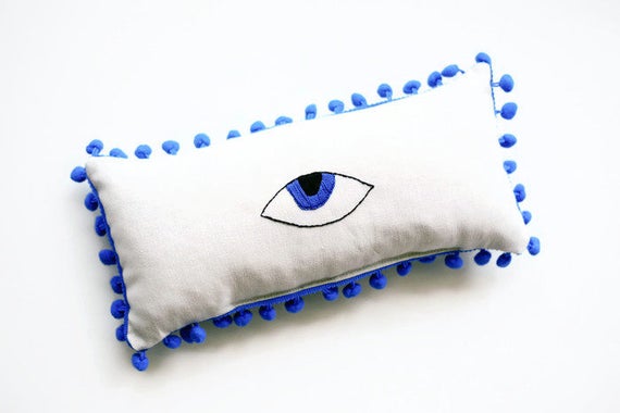 Gray Evil Eye Embroidered Small Lumbar Pillow Bohemian Decor