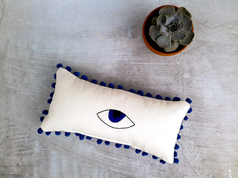 Evil Eye Hand Embroidered Mini Lumbar Pillow, Teen Decor, Housewarming Gifts, 30X15 cm, 12X6 inches image 8