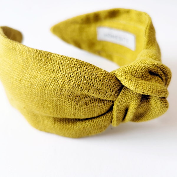 Olive Green Top Knotted Linen Headband, Wide Knotted Headband for Women, Monochrome Hairband with Top Knot, Turban Knot Headband