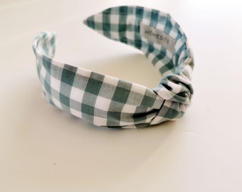 Duck Blue Checkered Headband, Gingham Buffalo Check Cotton Top Knot Headband for Women, Matching Facemask and Scrunchie