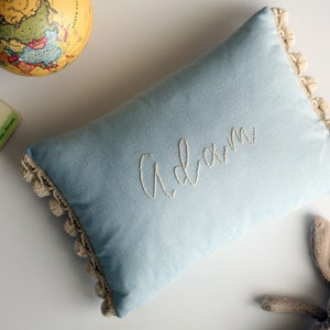 Baby Blue Pillow Customized, Name Pillow For Boys, Hand Embroidered, 14 X 10 Inches image 1