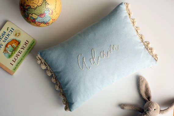 Baby Blue Pillow Customized, Name Pillow For Boys, Hand Embroidered, 14 X 10 Inches