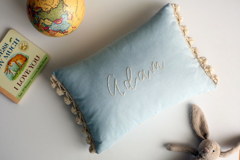 Baby Blue Pillow Customized, Name Pillow For Boys, Hand Embroidered, 14 X 10 Inches image 1