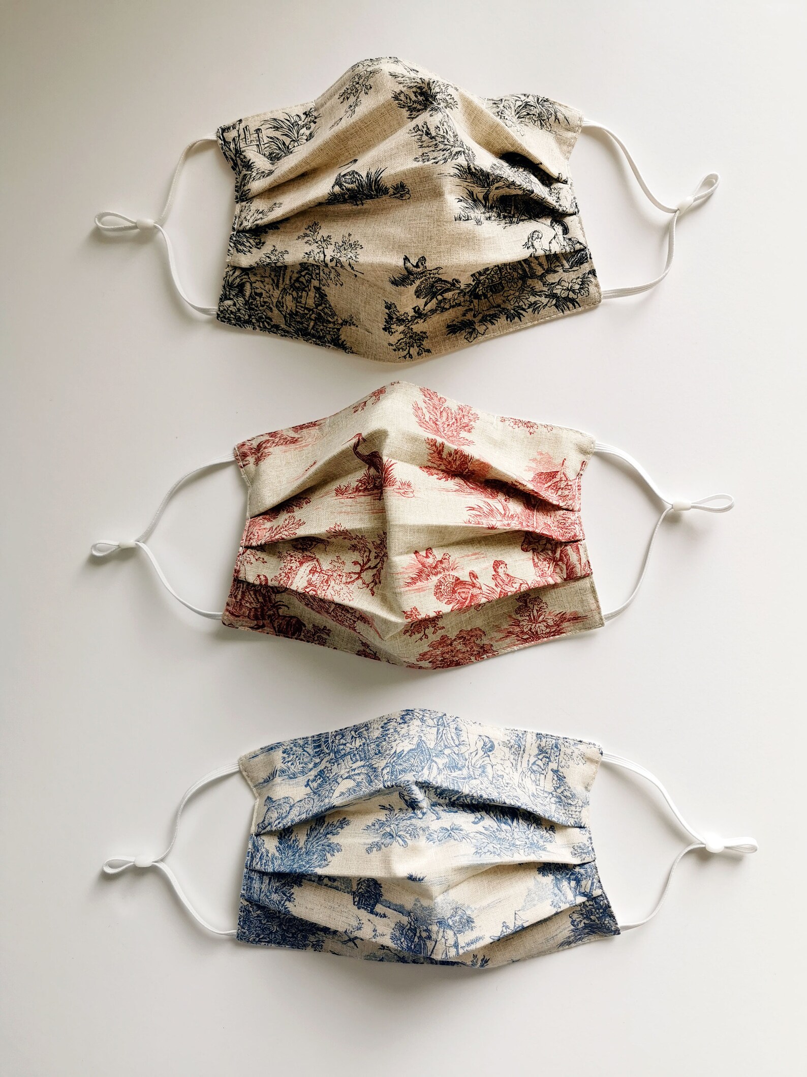 Toile De Jouy Pleated Face Mask Set of 3 With Nose Wire Etsy