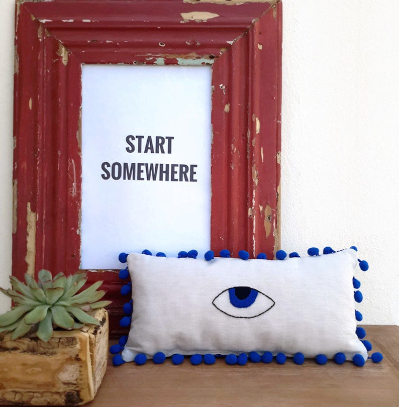 Evil Eye Hand Embroidered Mini Lumbar Pillow, Teen Decor, Housewarming Gifts, 30X15 cm, 12X6 inches image 6