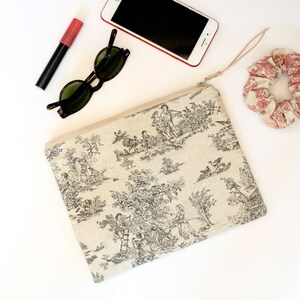 Toile De Jouy Pouch, Cotton Zipper Bag, available in three colors and two sizes image 9