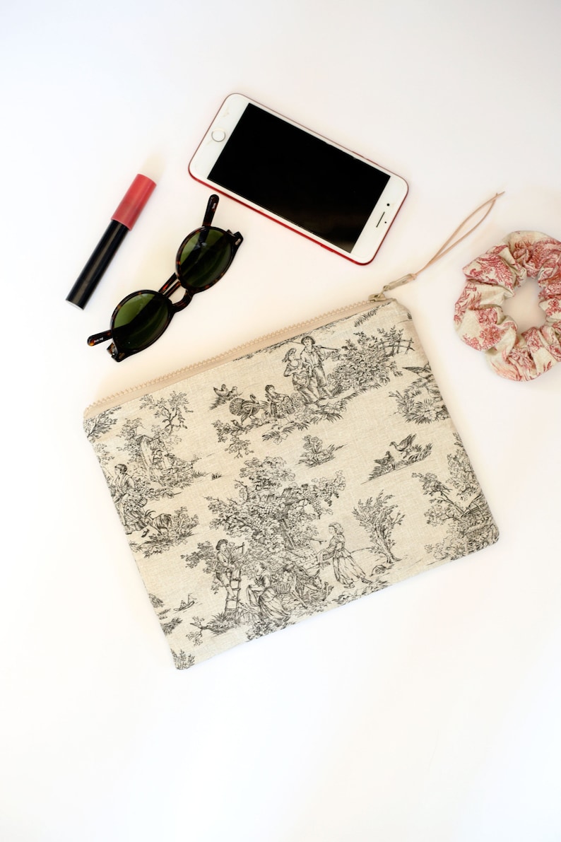 Toile De Jouy Pouch, Cotton Zipper Bag, available in three colors and two sizes image 9