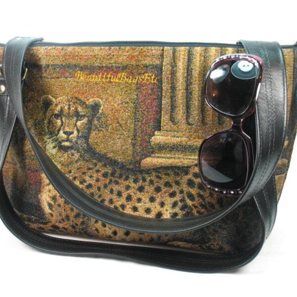 Tote Style Handbag Cheetah Tapestry Genuine Leather Straps