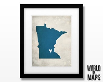 Minnesota State Map Print - Home Town Love - Personalized Art Print Available in Different Sizes & Colors