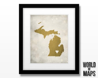 Michigan State Map Art Print - Home Town Love - Personalized Art Print Available in Different Sizes & Colors
