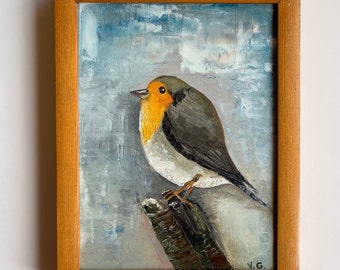 Original oil painting on canvas, oil painting "Winter robin"