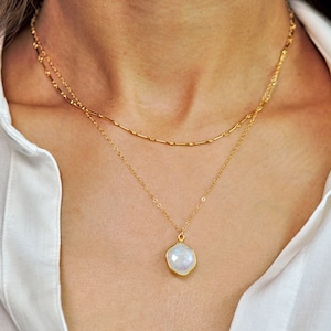 Small Moonstone Pendant, Tiny Moonstone Necklace, Hexagon Pendant, Dainty Moonstone Layer Necklace, Gold Necklace, Gold Layer, 14k Gold