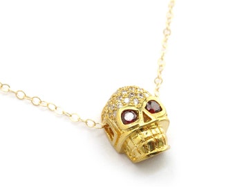 Gold Skull Necklace, Crystal Skull Necklace, Sugar Skull Necklace, Pave Skull, Sparkly Skull, Pirate Jewelry, Gold Skull Pendant