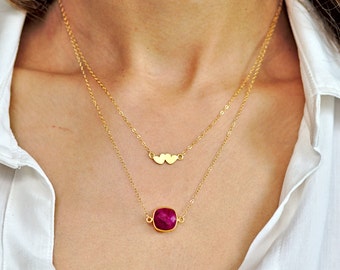 Two Hearts Necklace, Gold Heart, Ruby Necklace, Gold Layer Necklace, Heart Charm, Ruby Pendant, Multi Strand, Anniversary Gift, Heart Layer