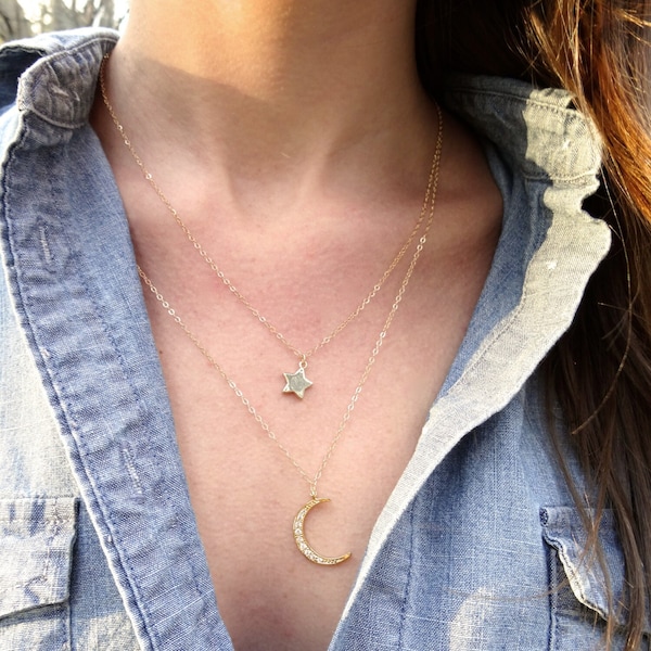 Gold Crescent Moon Star Necklace, Crescent Moon Necklace, Gold Layer Necklace, Delicate Necklace, Landon Lacey, Star and Moon
