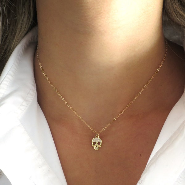 Small Gold Skull Necklace, Dainty Gold Sugar Skull Pendant, Rhinestone Skull Jewelry, Pave Skull, Pirate Necklace, Pirate Jewelry