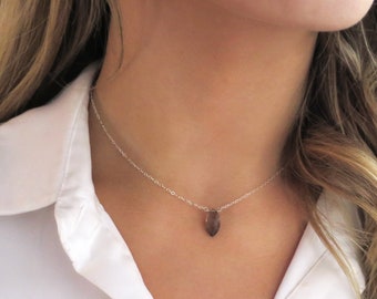 Silver Smokey Quartz Necklace, Delicate Smokey Topaz Pendant, Dainty Smokey Quartz Jewelry, 14k Gold Filled Chain, Dainty Gold Chain