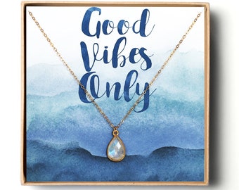 Good Vibes Only Gift, Good Vibes Gift, Gold Moonstone Necklace, Small Moonstone Jewelry, Dainty Moonstone Pendant, Thin Gold Chain Necklace