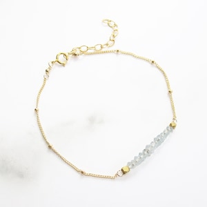 Aquamarine Bracelet, Aquamarine Jewelry, March Birthstone, March Jewelry, Delicate Gold Bracelet, Satellite Chain, Satellite Bracelet,