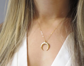 Collar de doble cuerno de oro, Cuerno de oro, Collar de luna de oro, Luna creciente de oro, Collar de media luna, Collar de colmillo de oro, Collar de oro Delicado