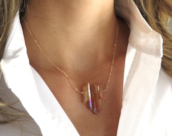 Raw Crystal Necklace, Healing Crystal, Quartz Crystal Necklace, Oregon Sunstone Necklace, 14k Gold Fill Chain, Rough Crystal, Crystal Spike