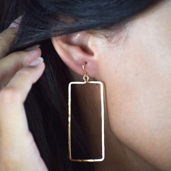 Large Gold Earrings, Hammered Gold Rectangle Earrings, Gold Large Earrings, Thin Gold Dangle Earrings, Hammered Earrings