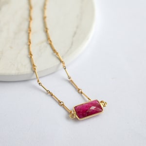 Gold Ruby Necklace Gold, Dainty Ruby Necklace, Ruby Pendant, Gold Framed Ruby Jewelry, Bar Chain Necklace, Ruby Red Necklace, Raw Ruby