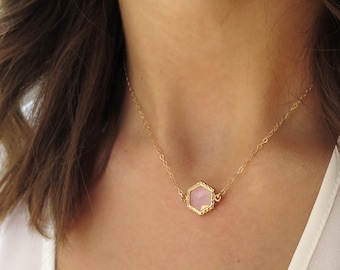 Dainty Hexagon Necklace, Dainty Pink Necklace, Small Pink Jewelry, Simple Gold Necklace, Small Hexagon Pendant, Hexagon Choker, Gold Filled
