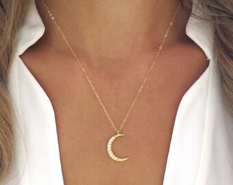 Collana Luna Mezzaluna d'Oro Pavé, Ciondolo Luna Oro, Collana Luna CZ Oro, Luna Pave, Mezza Luna, Luna Sottile, Collana Luna Delicata per Donna