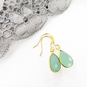 Aqua Chalcedony Earrings, Gold Teardrop Earrings, Chalcedony Teardrop, Dainty Dangle Earrings, Gemstone Earrings, Something Blue Earrings,