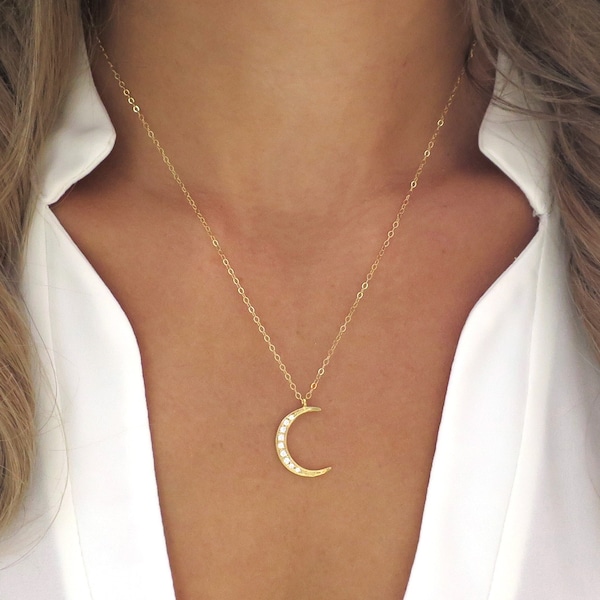 Gold Crescent Moon Necklace Pave, Gold Moon Pendant, CZ Moon Necklace Gold, Pave Moon, Half Moon, Thin Moon, Dainty Moon Necklace for Women