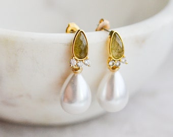 Pendientes colgantes de perlas Perla, Pendientes de labradorita de oro Oro, Pendientes de perlas, Pendientes de boda de perlas de lágrima Lágrima, Pendientes formales