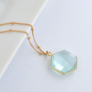 Aquamarine Necklace Satellite Chain, Gold Aquamarine Jewelry, Aquamarine Pendant, Ball Chain, March Birthstone, Hexagon Necklace Gift