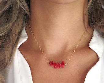 Gold Coral Necklace for Women, Dainty Coral Necklace Gold, Coral Bar Necklace, Coral Chip Necklace, Red Coral Necklace, Pink Coral Jewelry