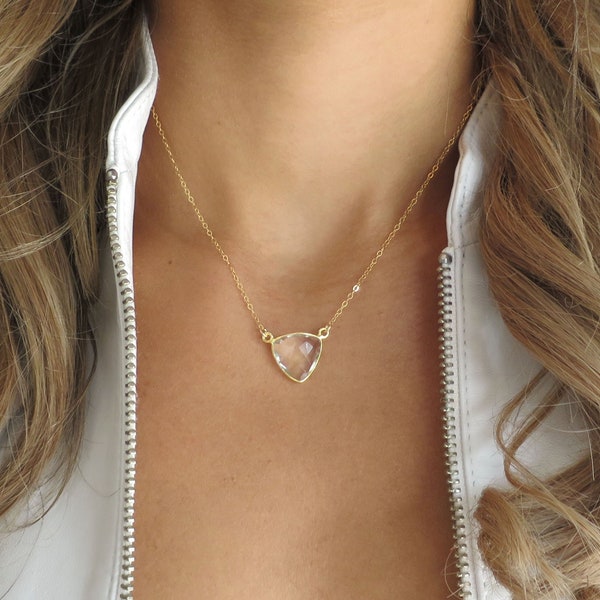 Dainty Crystal Necklace Gold, Gold Crystal Pendant, Clear Crystal Jewelry, Trilliant Necklace, Simple Crystal Necklace, Single Crystal