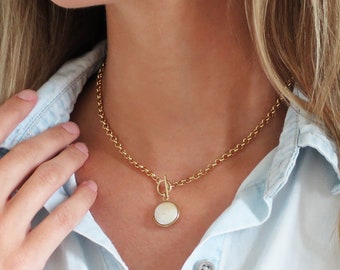 Coin Pearl Necklace Toggle Clasp Necklace, Gold Coin Pearl Pendant, Chunky Pearl Jewelry, Pearl Gift for Women, Flat Pearl White Dainty