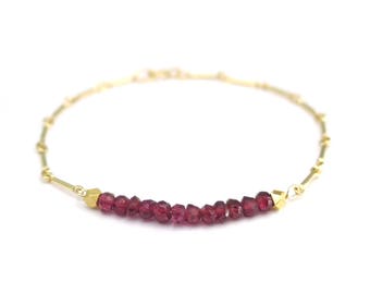 Gold Garnet Bracelet, Garnet Jewelry, January Birthstone, Gold Garnet Bar, Genuine Garnet Bracelet for Women, Garnet Bracelet 14k