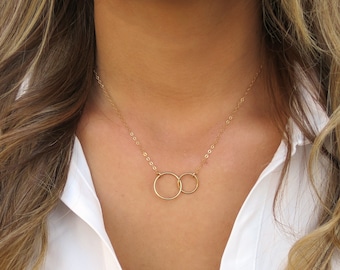 Interlocking Circle Necklace Gold, Interlocking Ring Necklace, Two Rings, Gold Double Circle Gold, Connected Double Ring Gold, Two Circle