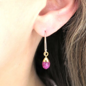 Gold Ruby Earrings Dangle, Ruby Earrings Gold, Dainty Ruby Jewelry, Ruby Teardrop Dangle, Raw Ruby Gift for Women, Ruby Birthstone Jewelry