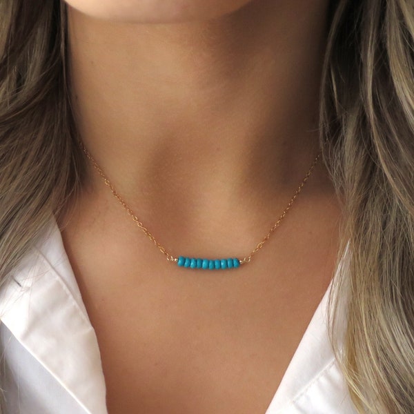 Turquoise Bar Necklace, Small Turquoise Necklace, Turquoise Beads, Dainty Turquoise Gold, Turquoise Gold Bar, Simple Turquoise