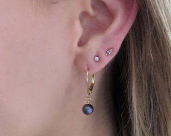 Black Pearl Earrings Dangle, Dainty Black Pearl Earrings Lever Back, Lever Back Pearl Earrings Black, Pearl Earrings Gold Single Black Pearl