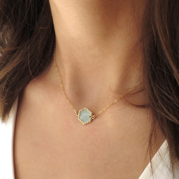 Mint Necklace, Gold Hexagon Necklace, Gold Mint Pendant, Mint Green Necklace, Mint Green Pendant, Dainty Gold Necklace, Necklace for Her